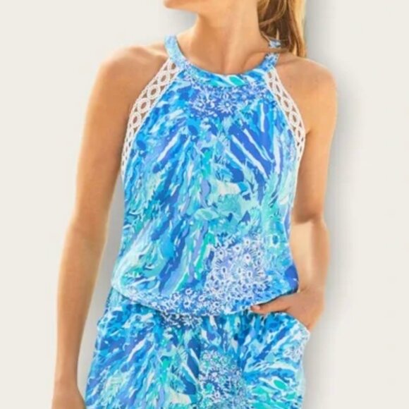 Lilly Pulitzer Lala Lace Trimmed Halter Romper in Hey Hey Soleil Blue Size Large - Picture 2 of 5